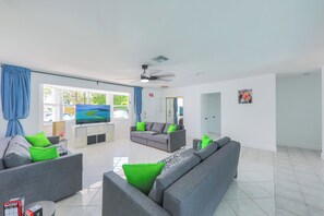 Smart TV, fireplace, books