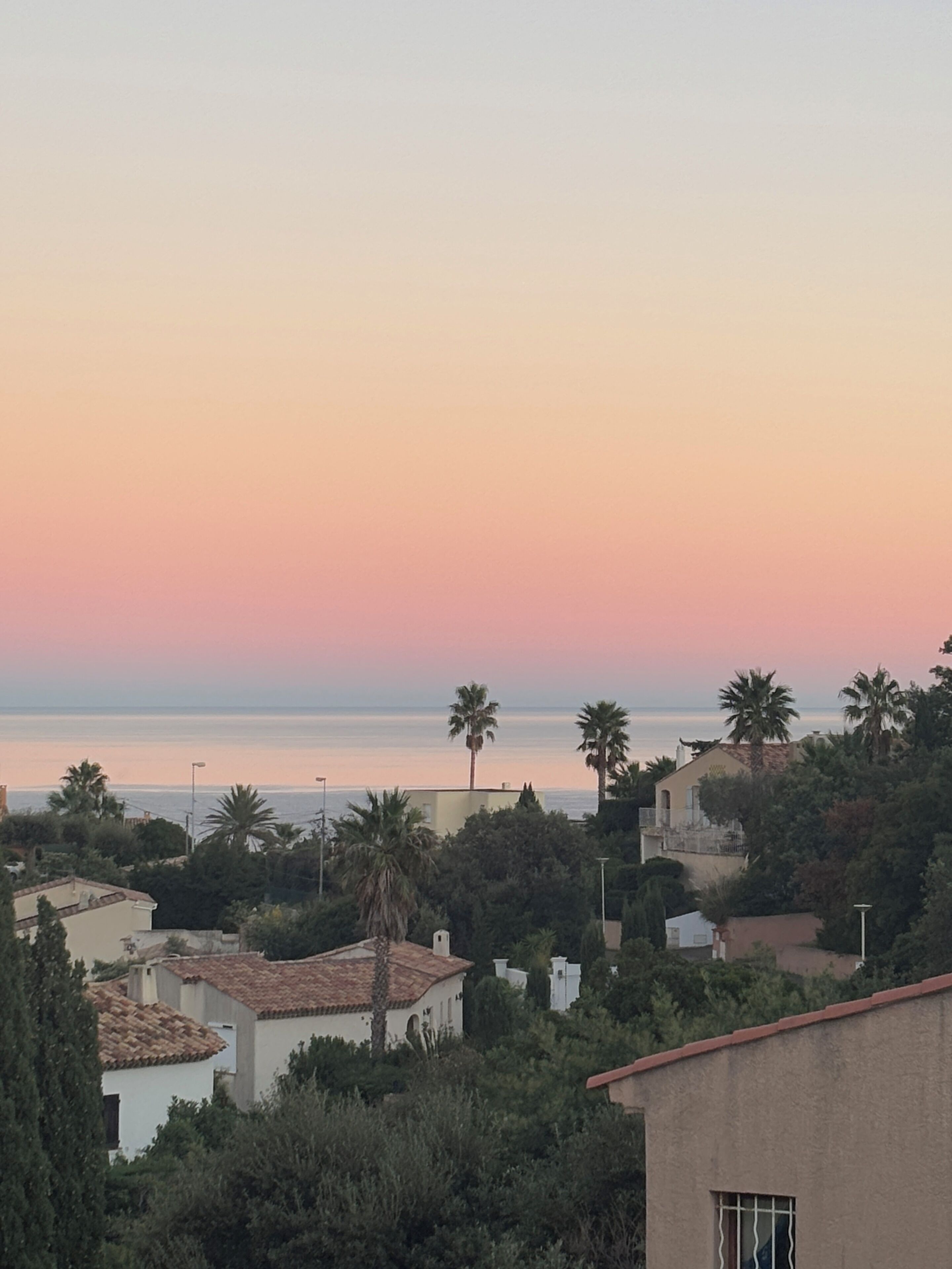 A coastal residential area with houses, palm trees, and a view of the sea during sunset.