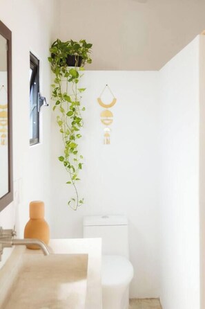 Shower, towels, soap, toilet paper