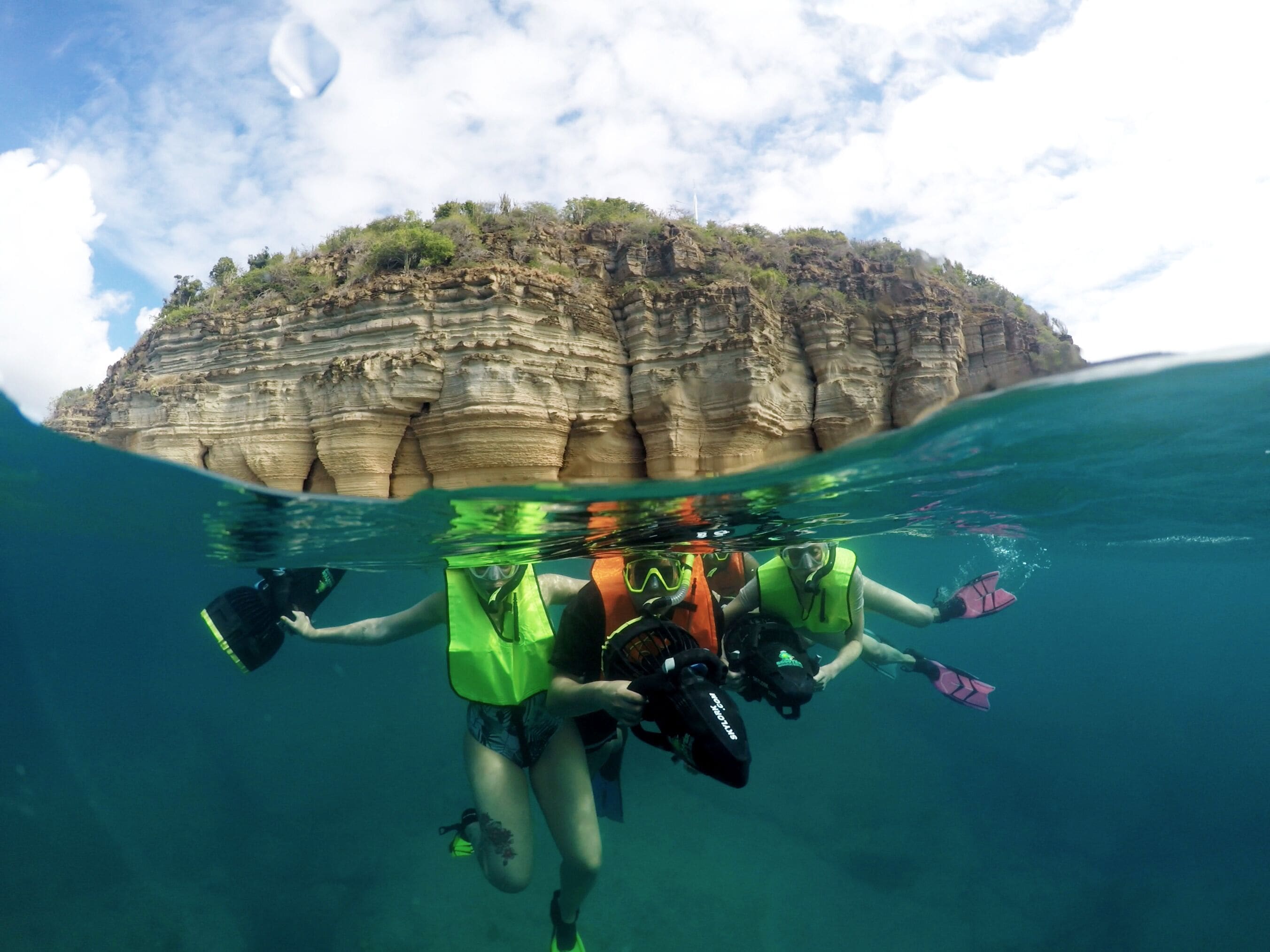 A diver underwater with a rocky cliff and vegetation above.