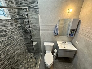 Hair dryer, towels, soap, toilet paper