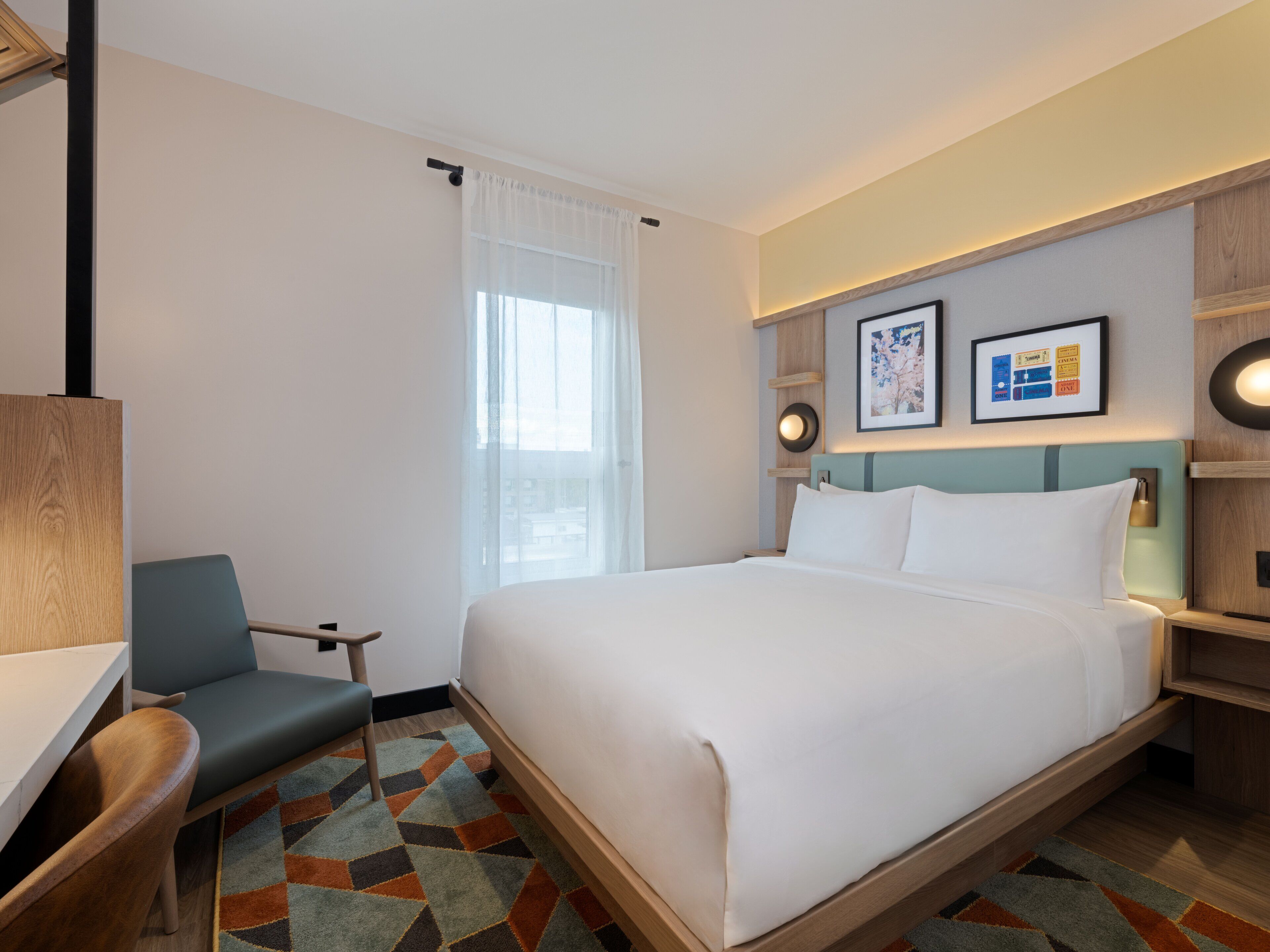 Desk, laptop workspace, blackout curtains, iron/ironing board