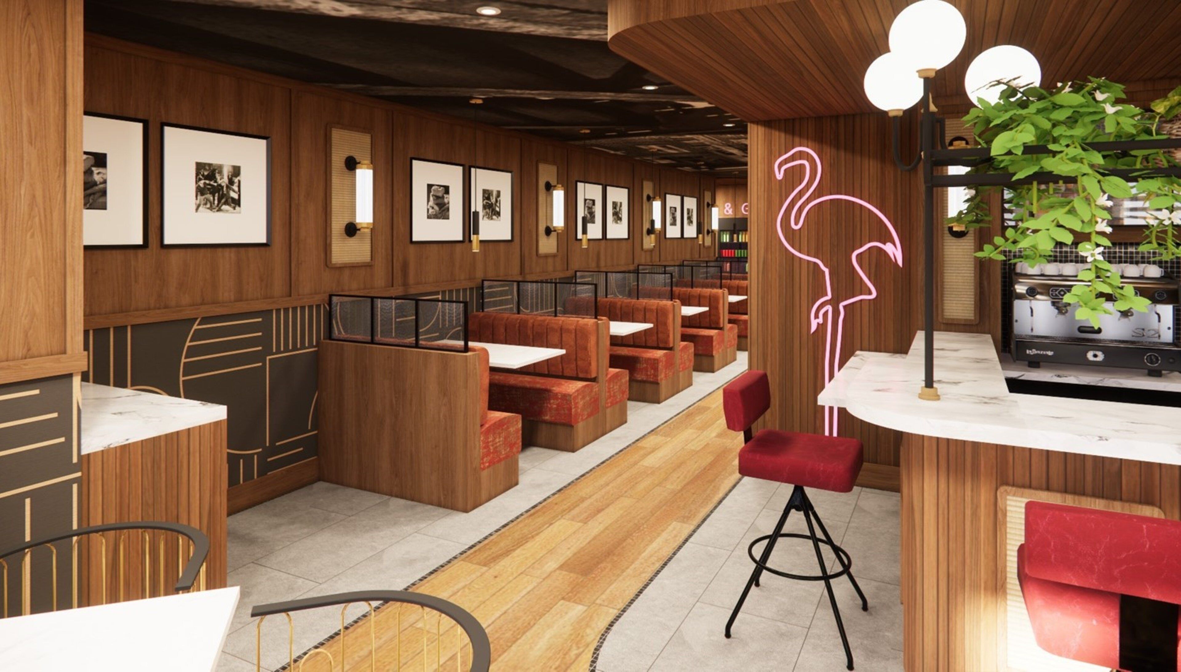 L’intérieur d’un restaurant avec des lambris en bois, des tableaux encadrés aux murs, des banquettes rouges recouvertes de tissu et un panneau néon représentant un flamant rose.