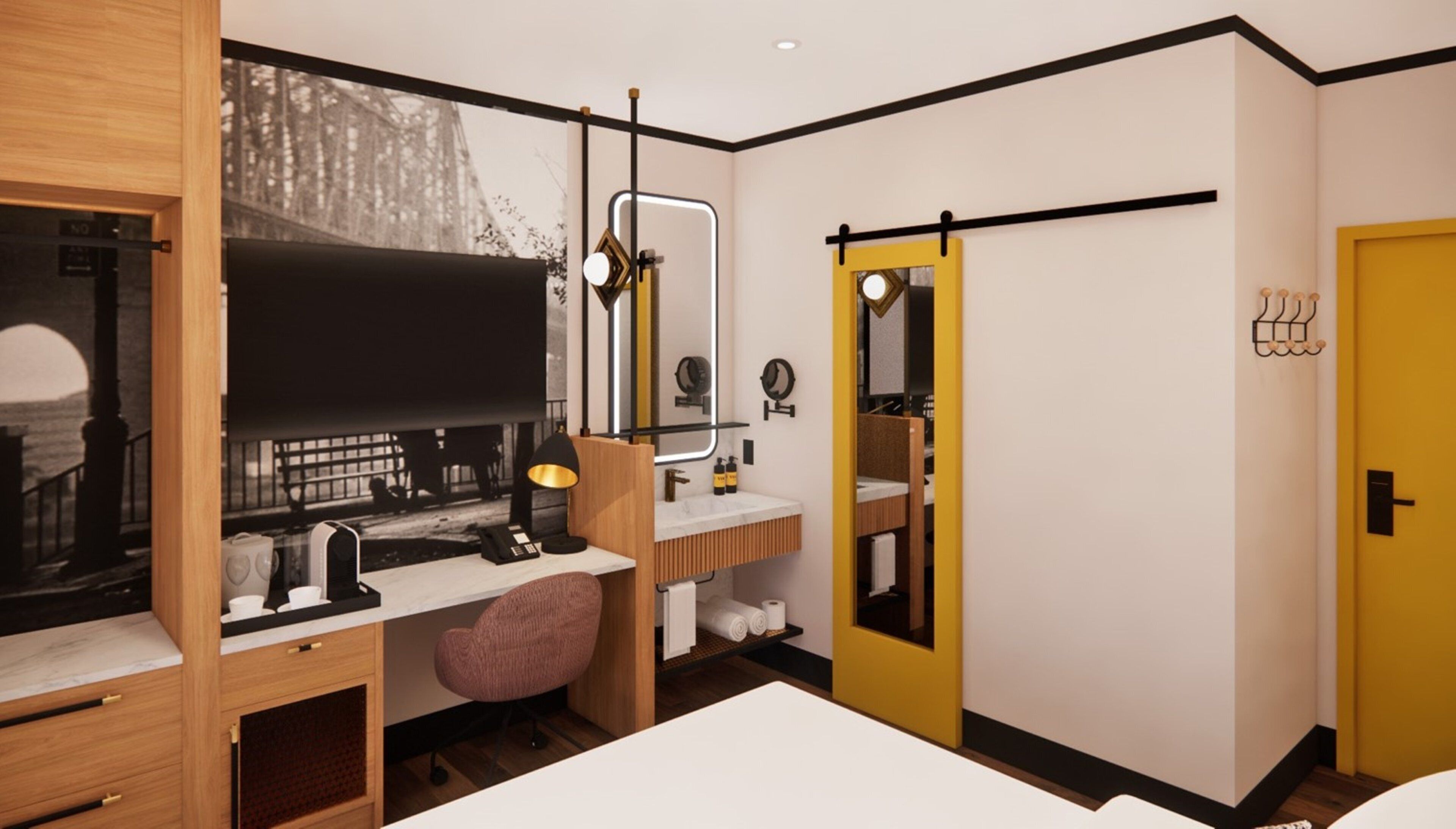 Ein modernes Schlafzimmer mit Bett, Schreibtisch, Stuhl, Spiegel und Kleiderschrank.