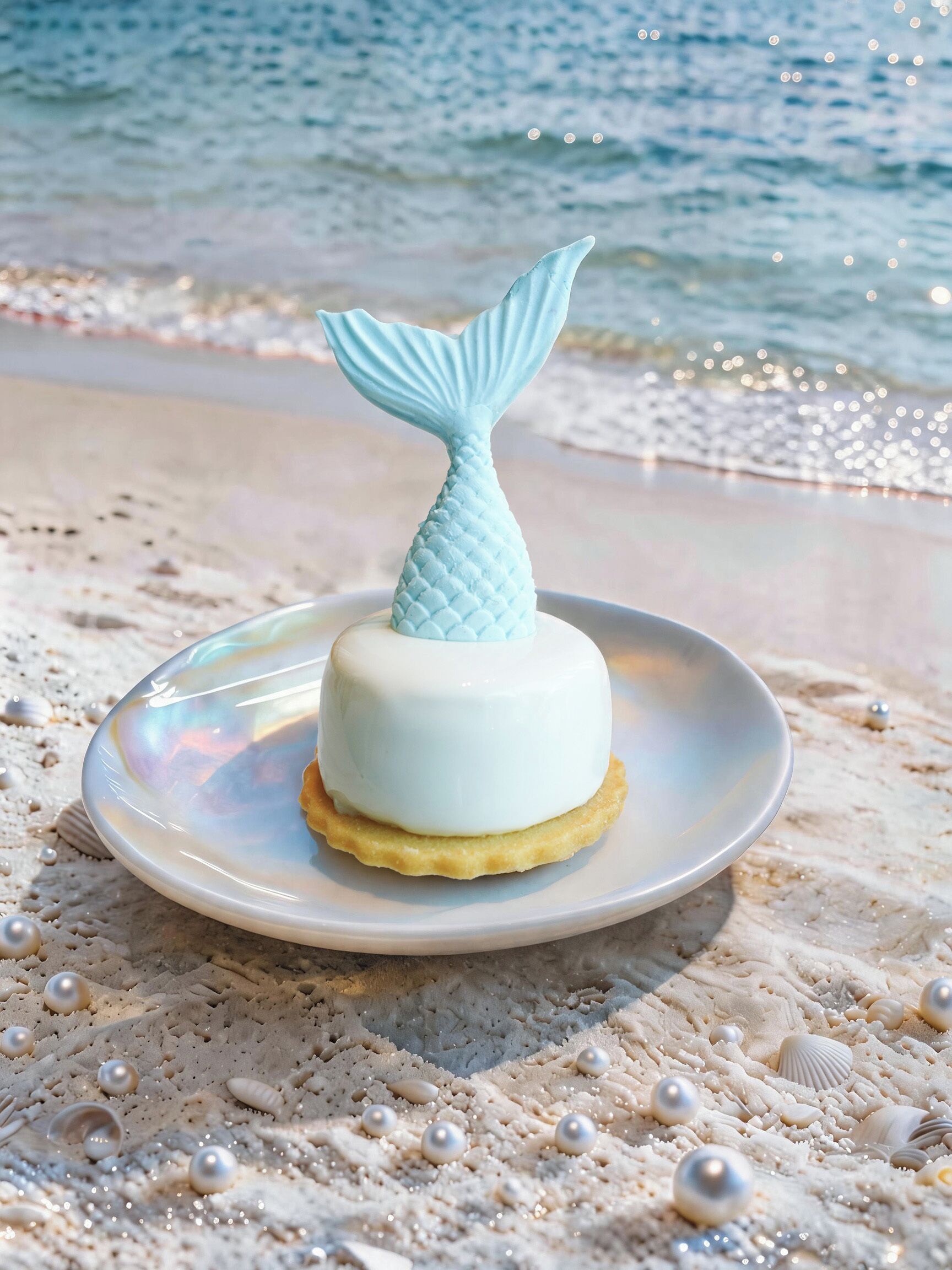 A cake with a mermaid tail on a plate, placed on a sandy surface with seashells.