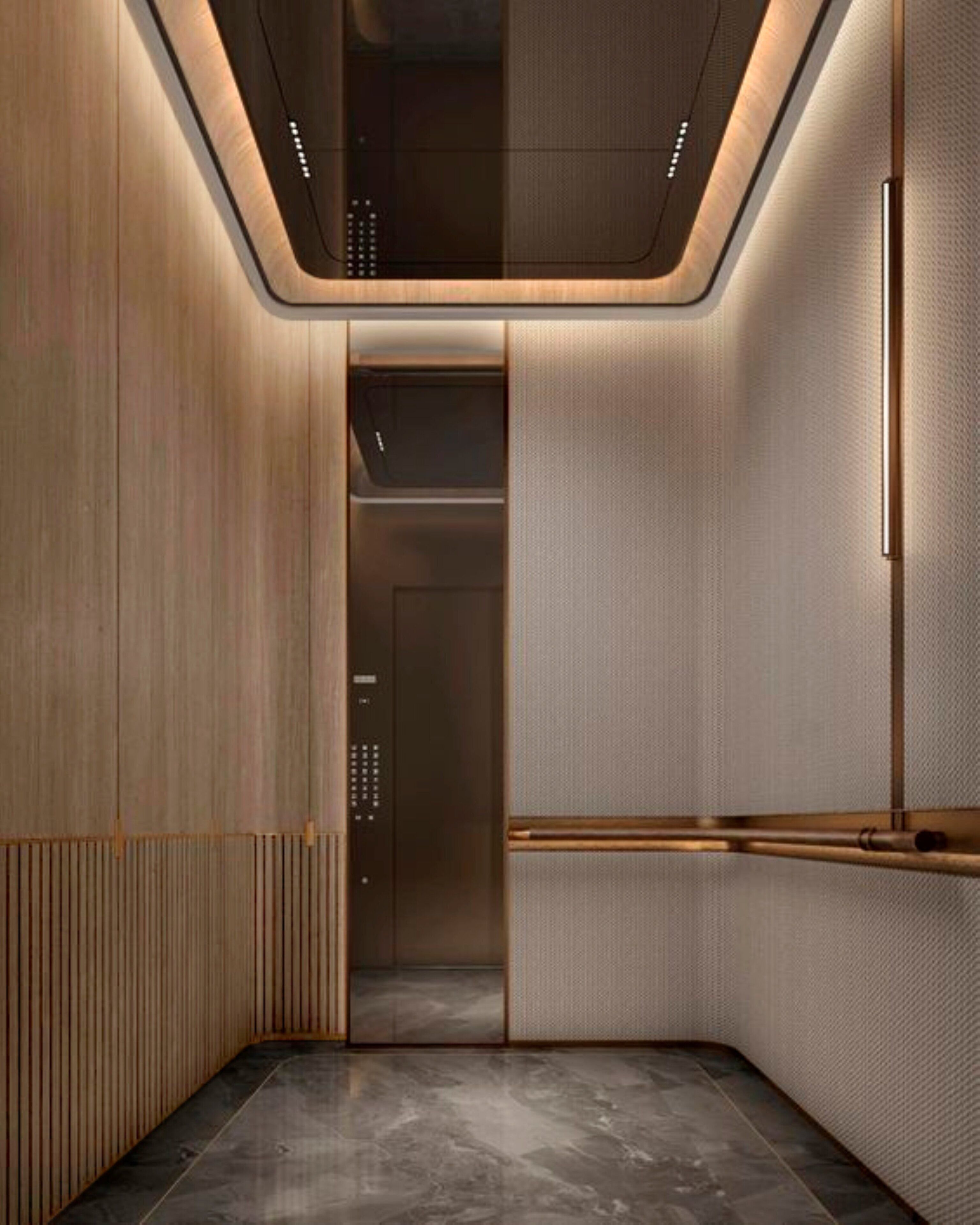 Interior moderno de ascensor con paneles de madera y suelo de mármol.