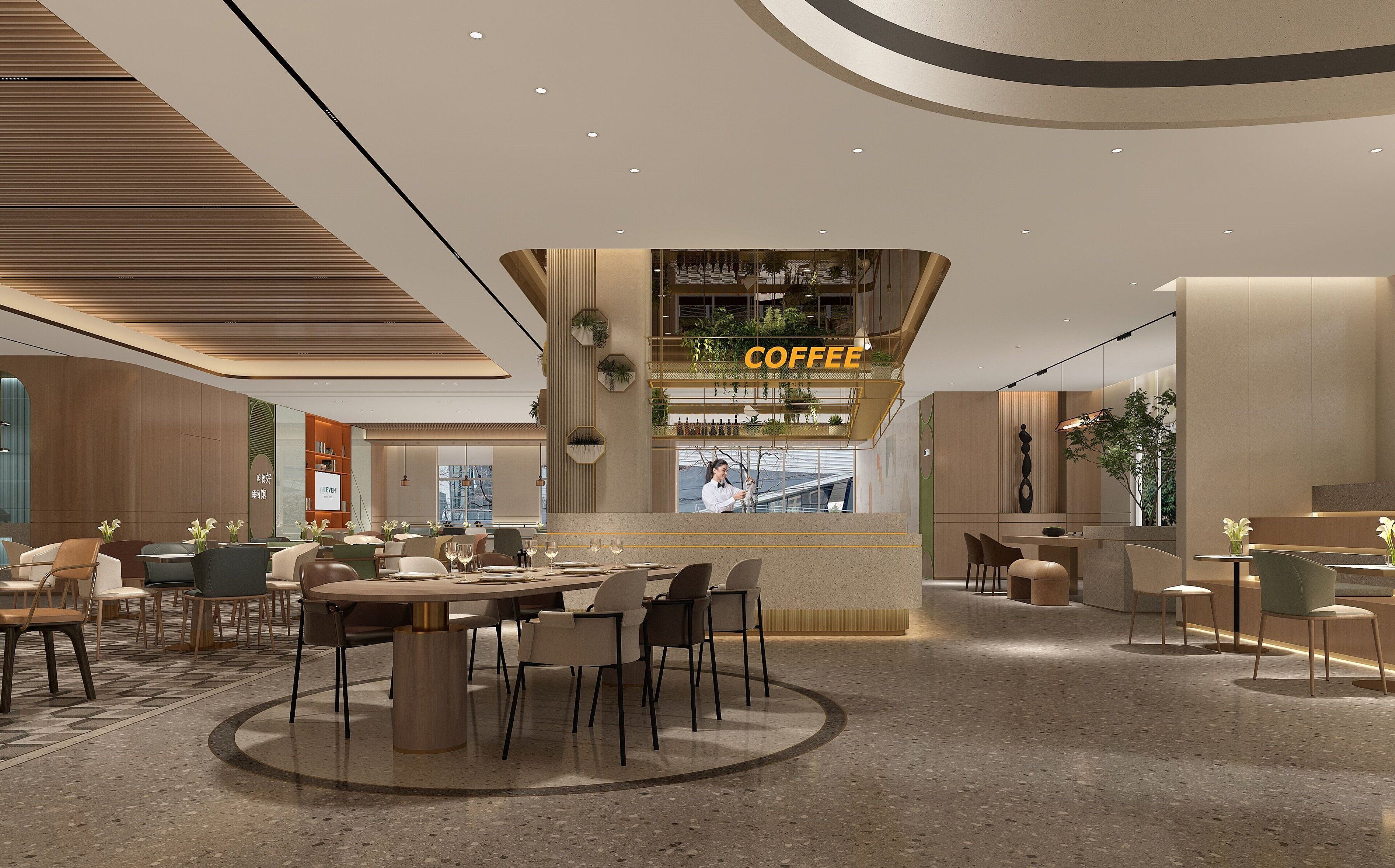 A modern hotel lobby with a central coffee bar, seating areas, and a view of the cityscape.