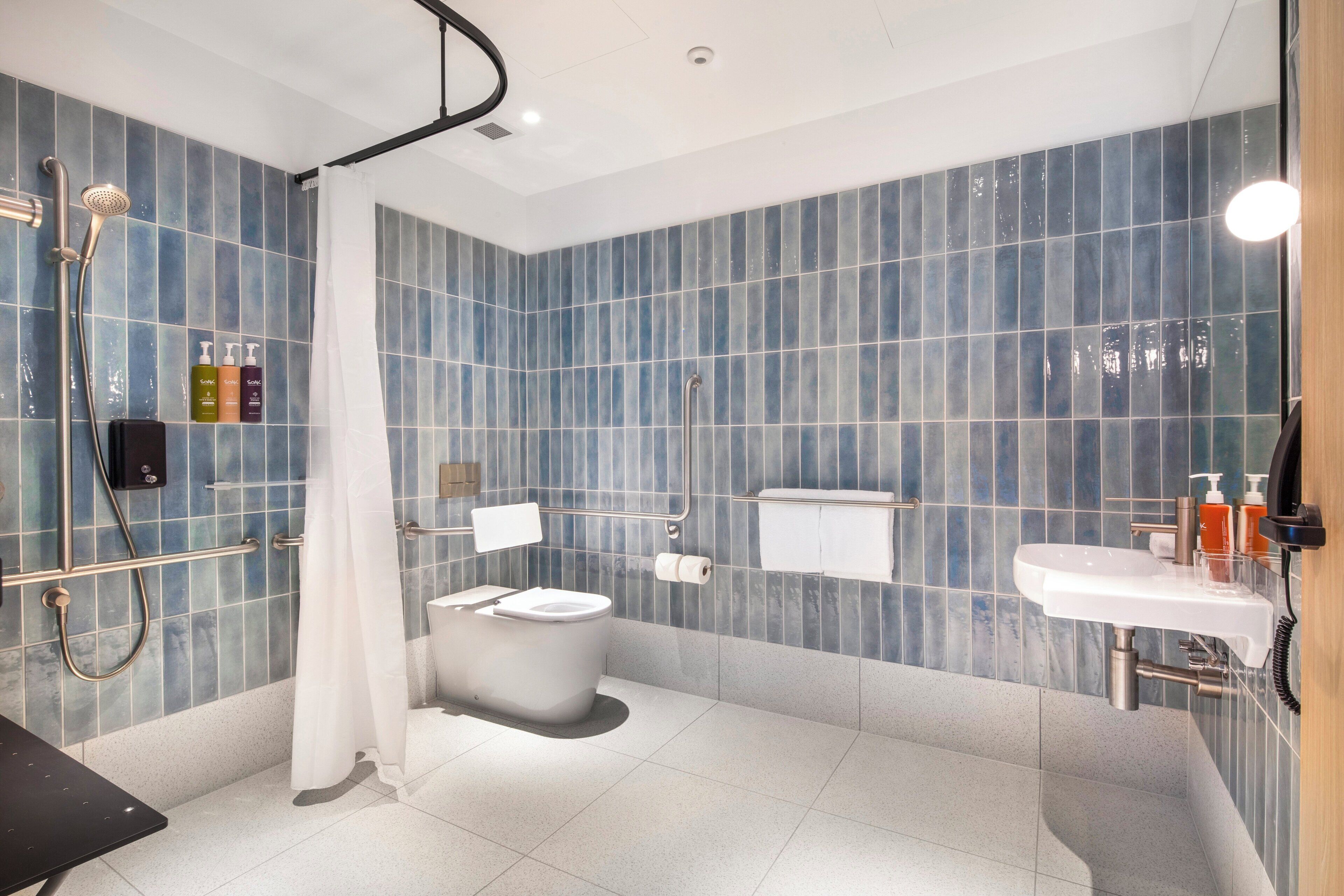 A modern bathroom with a shower, toilet, sink, and handrails.