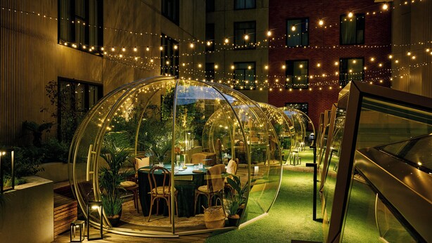 Una estructura de invernadero transparente con una mesa de comedor y sillas, rodeada de luces colgantes y plantas en macetas.