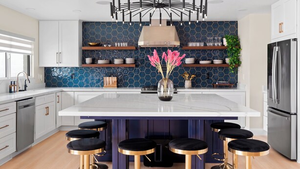 A modern kitchen with a central island, bar stools, and a stainless steel refrigerator. - Sexy Boutique Estate in Fun Size - Swank Chill Vibe - Mill Ave - Spring Training (Tempe)