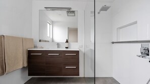 Shower, hair dryer, towels