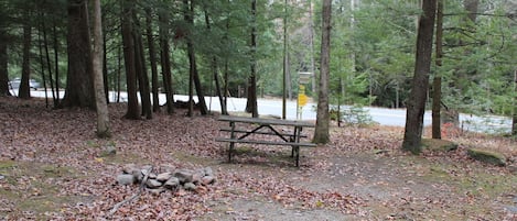 Zona boscosa con una mesa de picnic y rocas al frente.