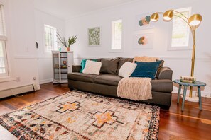 TV, fireplace, books