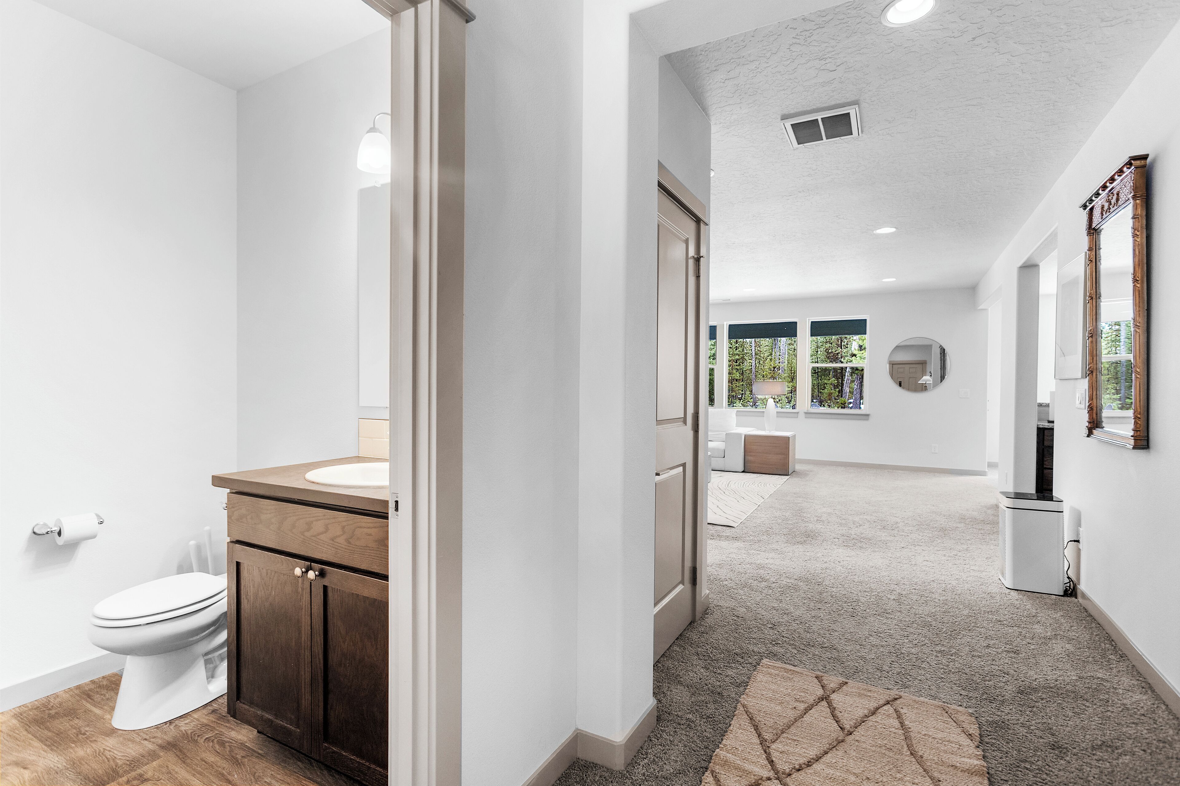 A modern bathroom with a toilet, vanity, and sink. A hallway leads to a living area with a sofa and a large mirror.
