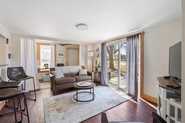 Smart TV, fireplace, books, music library