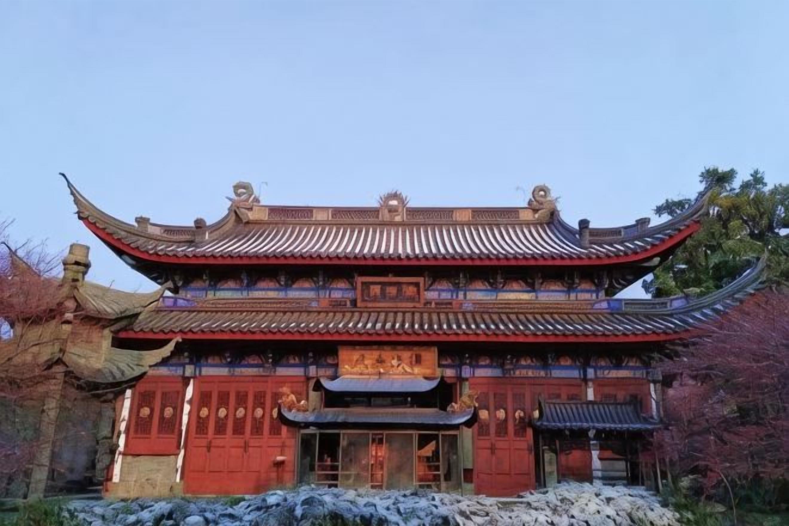 A traditional building with a multi-tiered roof and ornate decorations.