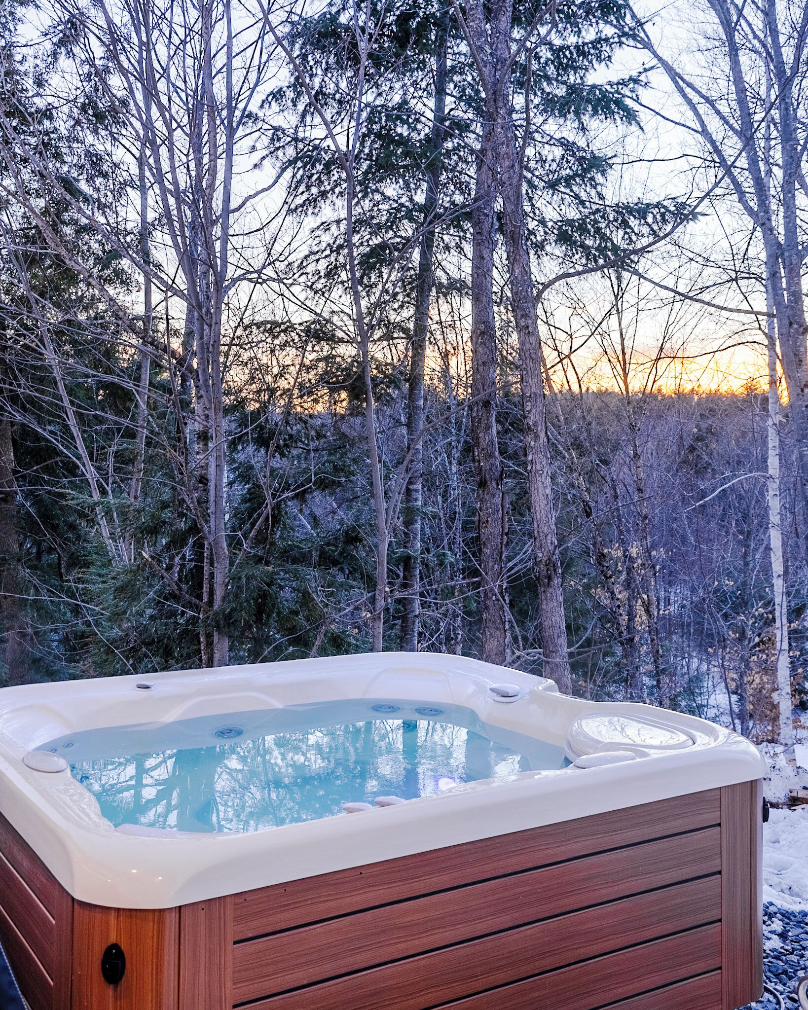 Un bain à remous situé dans une zone boisée, avec des arbres en arrière-plan.