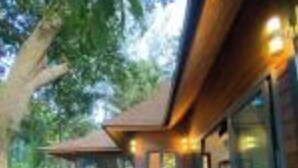 A wooden deck with a railing, a building with large windows, and a tree in the background. - Cashewnut Cove Bungalow - Beach Front (Ko Lipe)