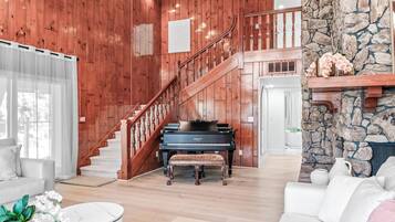 Smart TV, fireplace, foosball