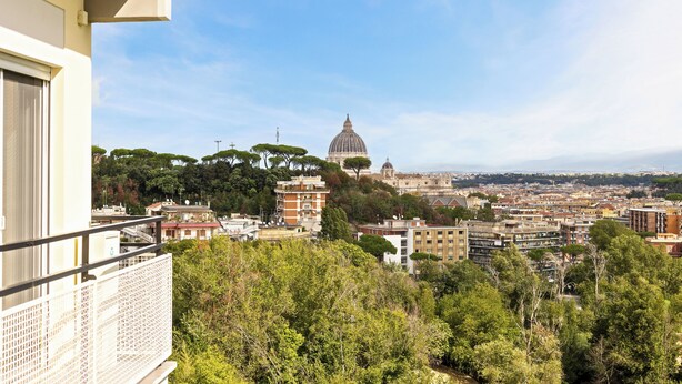 A cityscape with a prominent dome building in the distance, surrounded by greenery and residential buildings. - A terrace over St. Peter's (Roma)