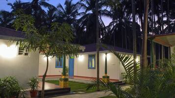 A courtyard with a white building, blue doors, and potted plants.