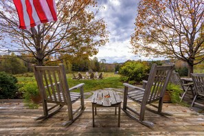 Terrace/patio - Charming VT ski retreat with hot tub, pool, fire pit & endless mountain views (Weston)