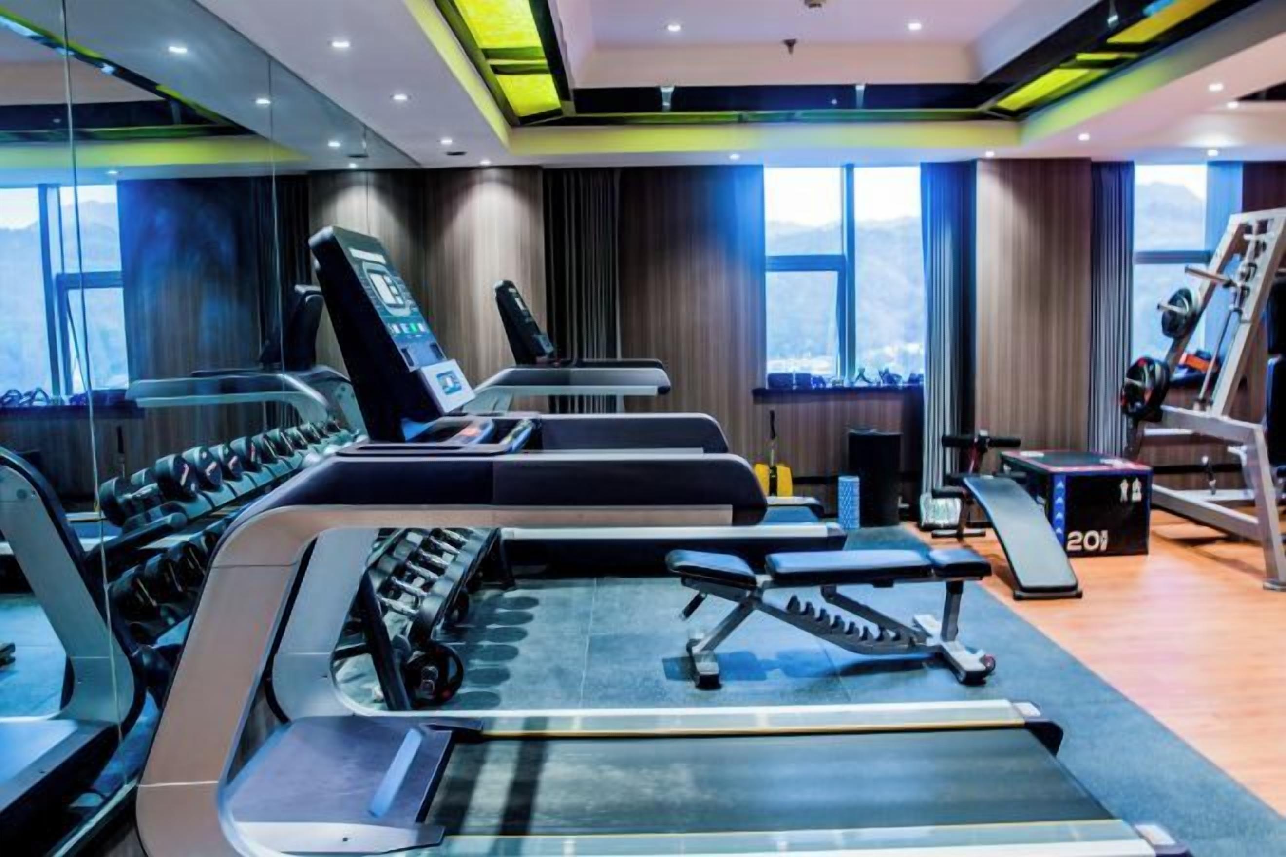 A gym with treadmills, weight machines, and a rowing machine.