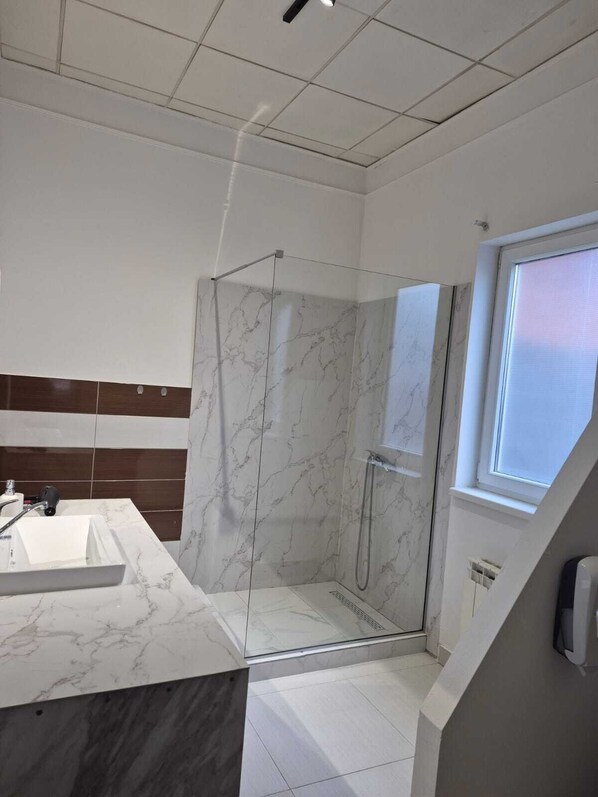 Hair dryer, towels, soap, toilet paper