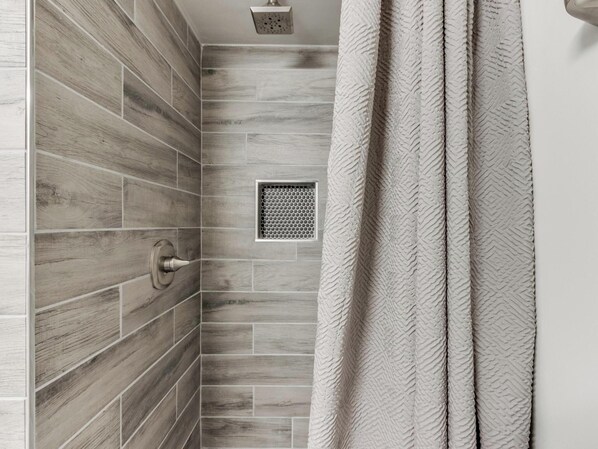 Hair dryer, towels, soap, shampoo