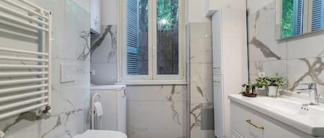 Shower, hair dryer, bidet, towels