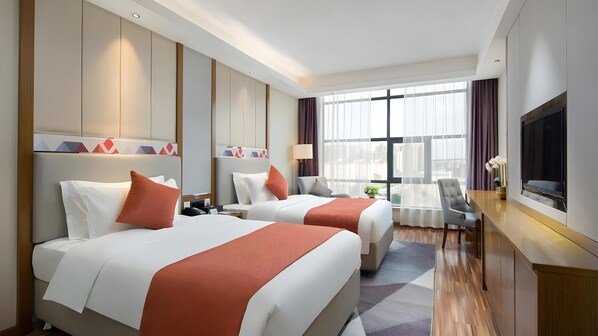 A hotel room with two beds, a desk, a TV, and a large window with curtains. - Borrman Hotel (Shanghai)