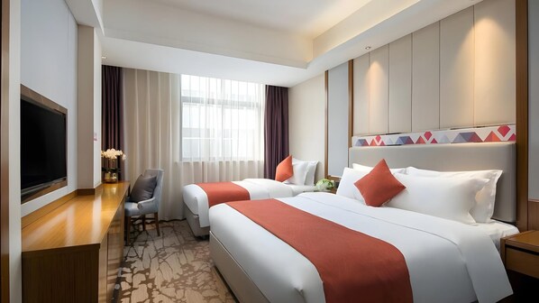 A hotel room with two beds, a TV, a desk, and a window with curtains. - Borrman Hotel (Shanghai)