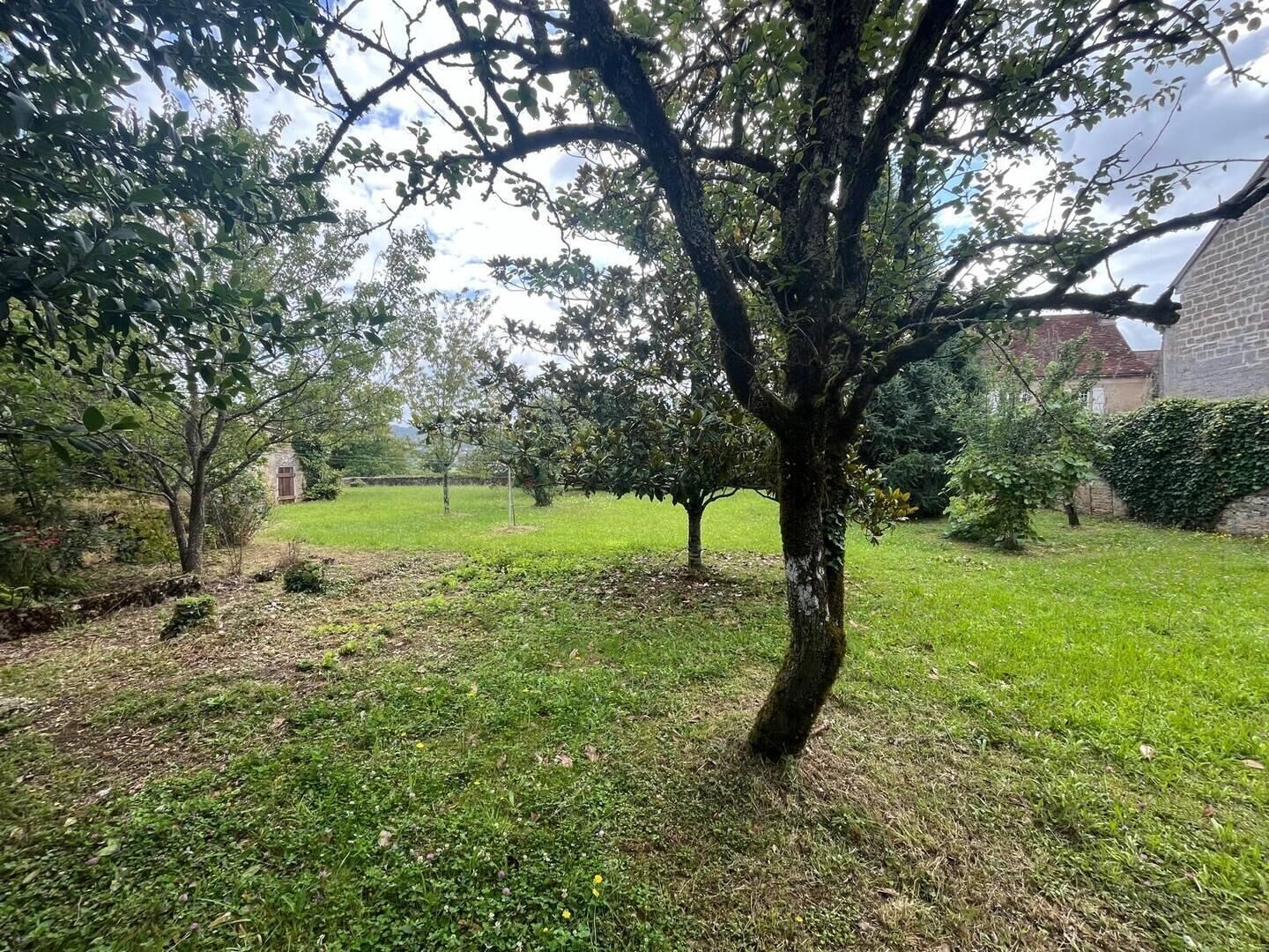 Une zone herbeuse avec des arbres et, au fond, un bâtiment en briques.