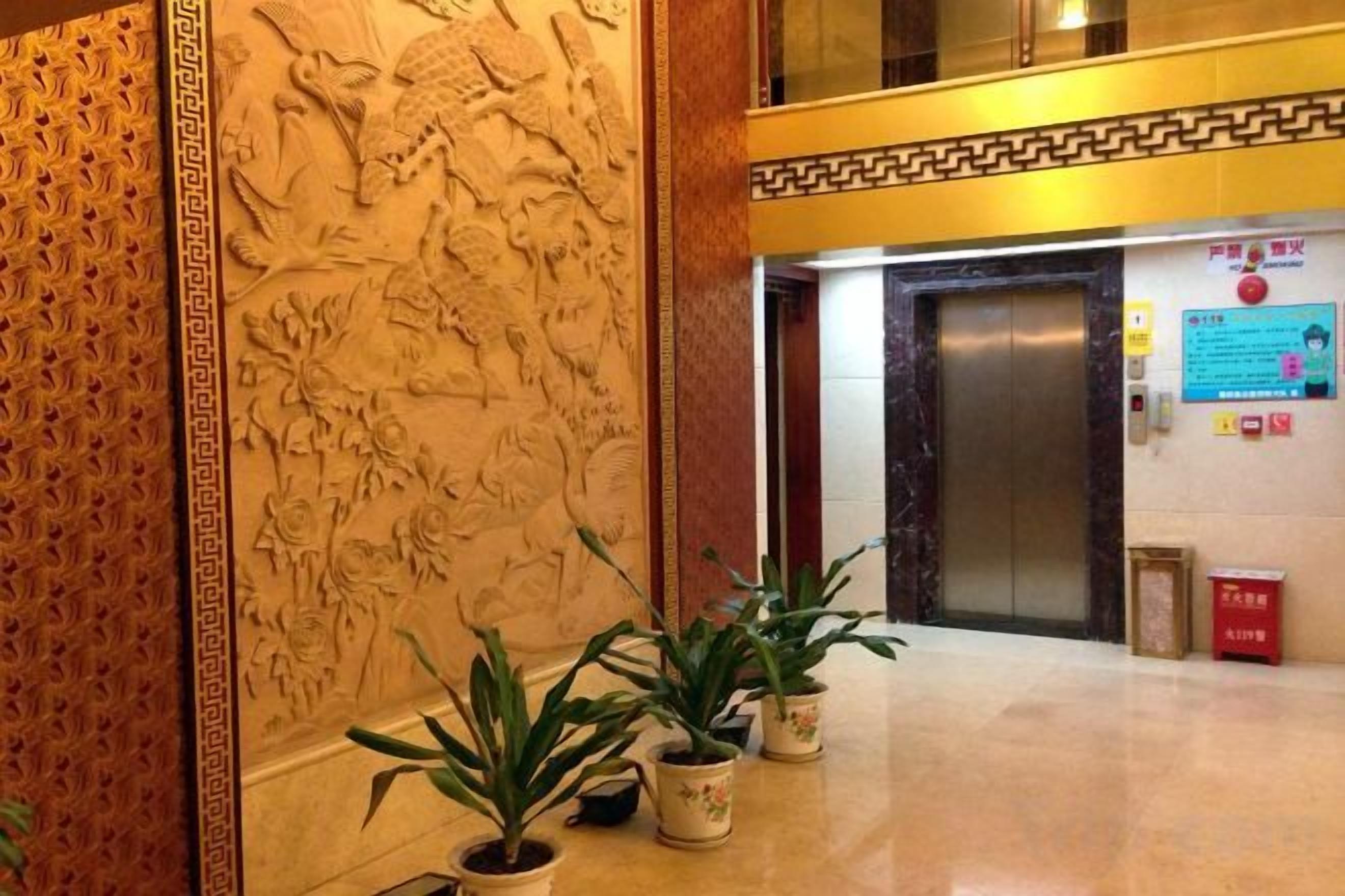 A lobby with a decorative wall, potted plants, and an elevator.