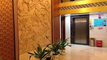 A lobby with a decorative wall, potted plants, and an elevator.