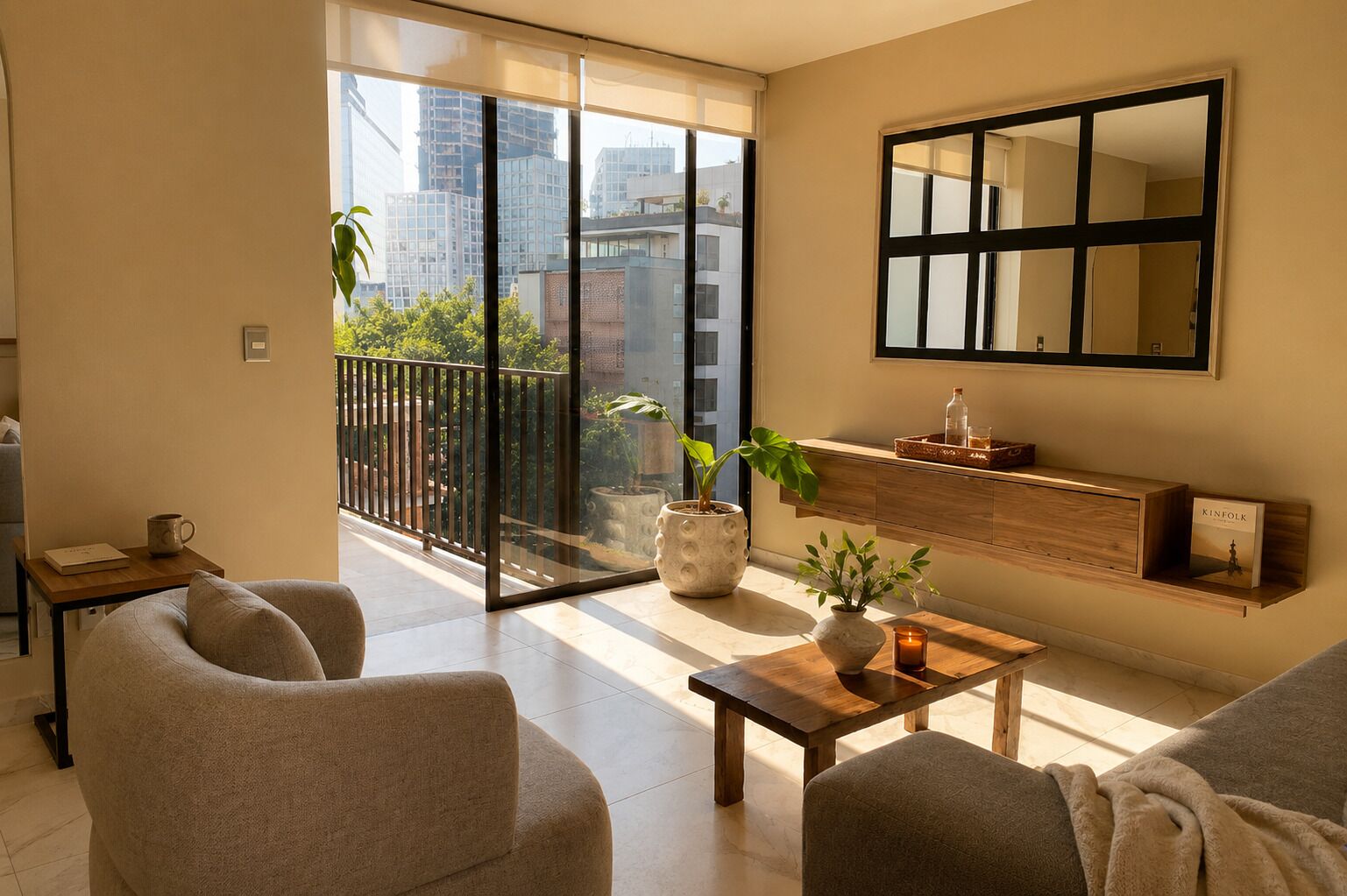 Een moderne woonkamer met een bank, een salontafel, een bijzettafeltje, een potplant, een spiegel en een uitzicht op de stad door grote ramen.