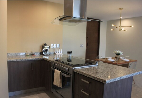 Fridge, microwave, oven, stovetop