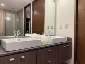 Regadera, secadora de cabello, toallas 