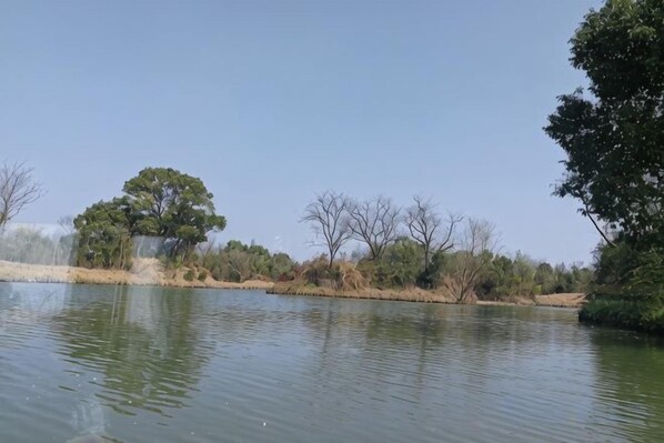 A calm body of water with trees and shrubs in the background. - Wenxie Hotel (Hangzhou)