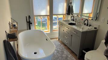 Hair dryer, towels, soap, shampoo