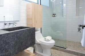 Ducha, secador de pelo, toallas, jabón