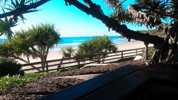 A beach view with a wooden fence, palm trees, and a bench. - Mountain Views beside the Seaside. (Mount Coolum)