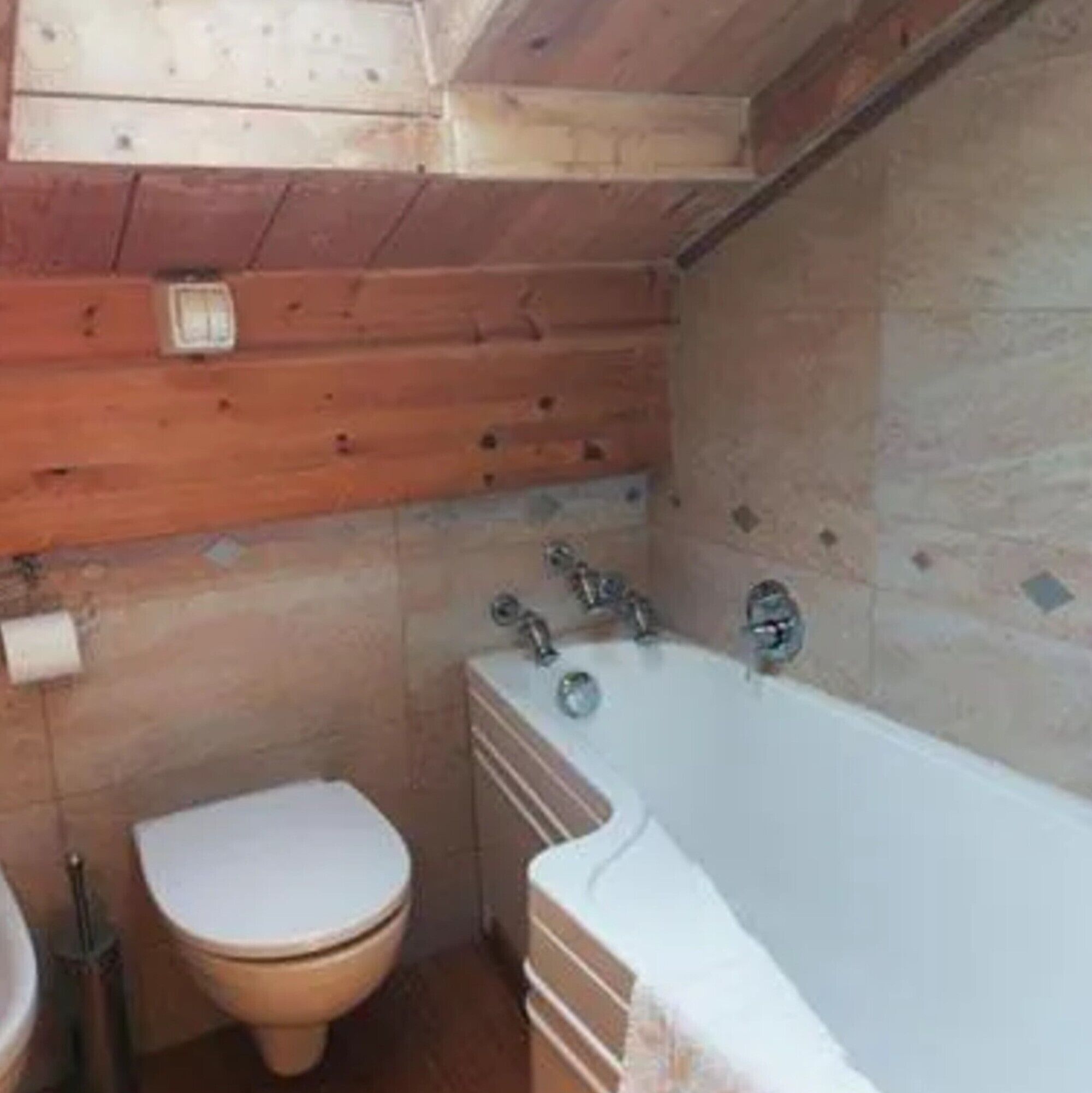 Ein Badezimmer einer Holzhütte mit Toilette, Waschbecken und Badewanne.