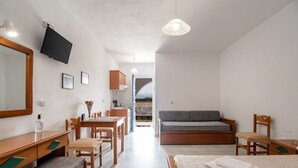 A bedroom with a bed, a desk, a chair, a sofa, a TV, and a view of the outdoors.