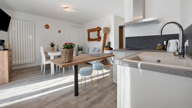 Eine moderne Küche mit integriertem Spülbecken, ein Essbereich mit Holztisch und Stühlen sowie ein Wohnbereich mit Sofa und Dekoration.