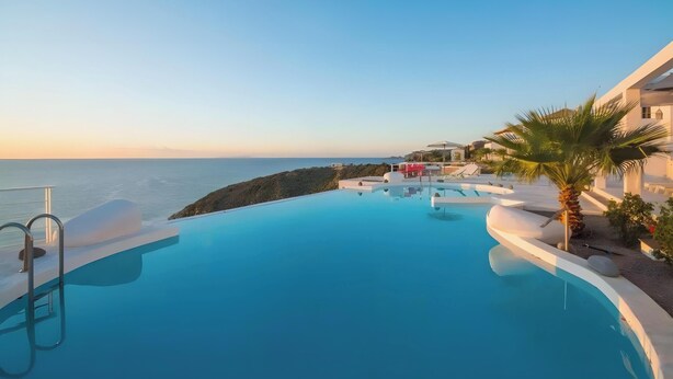 A infinity pool with a view of the sea, a palm tree, and a white building.