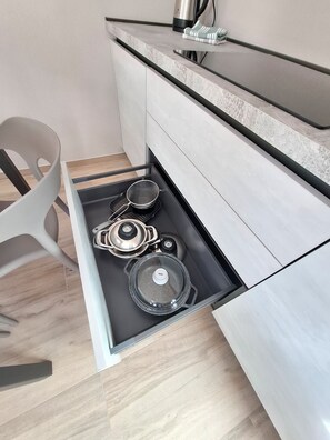 Kühlschrank, Mikrowelle, Herdplatte, Geschirrspüler