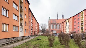 A courtyard with a pathway, small bushes, and a building with multiple windows and balconies.