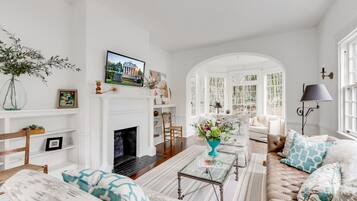 Smart TV, fireplace, books