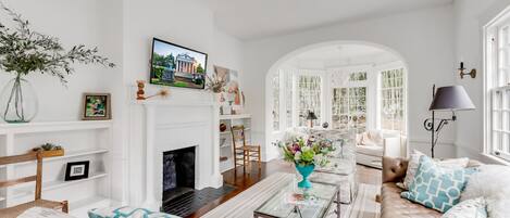 Smart TV, fireplace, books